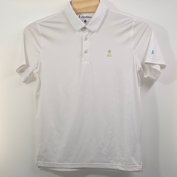Chubbies Range Polo Shirt Men's L White Pineapple Logo Golf Stretch Tech Casual - Picture 4 of 7